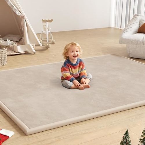 Baby Play Mat for Floor, 1.3'' Thick Memory Foam Tummy Time Mat - Super Soft Coral Velvet Nursery Rug with Non-Slip Backing, Crawling Rug for Toddlers/Infants, Yoga & Tatami Use, Oatmeal, 71''x 79''