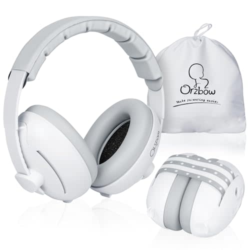 Orzbow 2-in-1 Baby Ear Muffs Noise Protection, White | Noise Cancelling Headphones, Babies up to 48 Months, Adjustable Infant Ear Protection Non-Slip Band for Airplane Travel Sleep