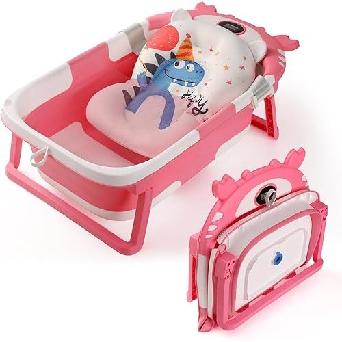 Baby Bathtub,Collapsible Baby Bath Tub with Thermometer & Soft Floating Cushion,Portable Travel Baby Bathtubs for Newborns to Toddlers 0-36 Months(Crab Pink)