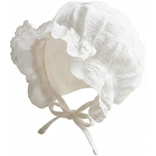 Baby Girl Cotton Muslin Bonnet - Vintage Ruffle Lace Newborn Sun Hat Adjustable Chin