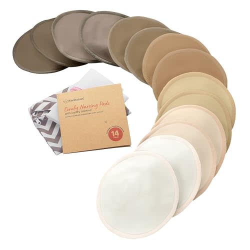 Organic Nursing Pads - 14 Washable Breast Pads for Breastfeeding, Wash Bag, Viscose Derived from Bamboo Reusable Nipple Covers for Breastfeeding Essentials, Soft & Absorbent (Coffee, L 5")