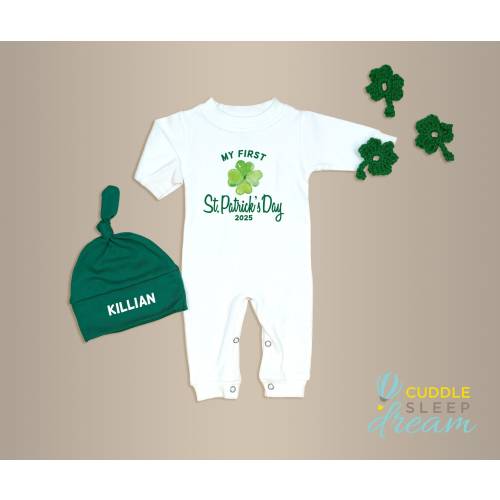 Baby 1st St Patrick's Day Romper. Shamrock My 1st St Patty's Day Outfit with Hat. Personalized Newborn White Long Sleeve Romper. Boy or Girl