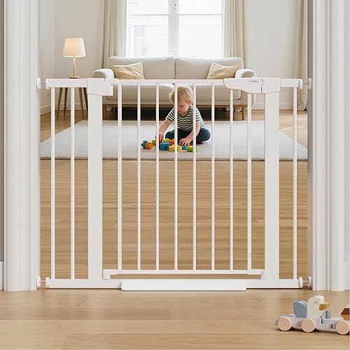 Cumbor 29.7-40.6" Baby Gate for Stairs, Mom's Choice Awards Winner-Dog Gate for Doorways, Pressure Mounted Auto-Close Pet Gates for Dogs Indoor, Safety Child Gate with Easy Walk Thru Door, White