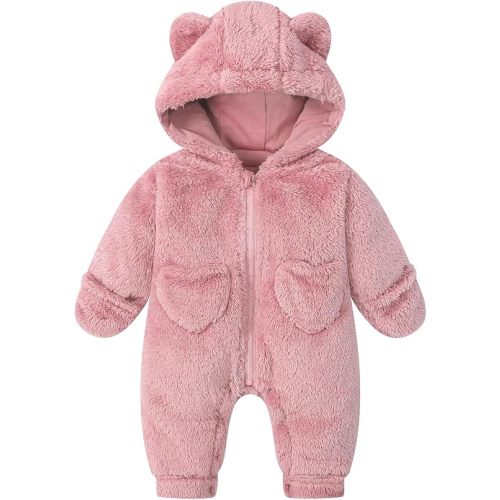 Toddler Winter Snow Suits Baby Snowsuits Infant Fleece Newborn Clothes | 0-3-6-9-12 Months Girl Boy Bear Hoodie Romper Jumpsuit Autumn Onesie Black Pink Blue Gray Warmth Pocket 1T Hooded Thick