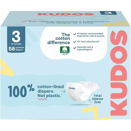 Kudos Size 3 Cotton-Lined Disposable Baby Diapers, 58 Count, Ultra Absorbent Baby Diapers, Soft Comfort, Gentle Materials, Secure Fit for Sensitive Skin