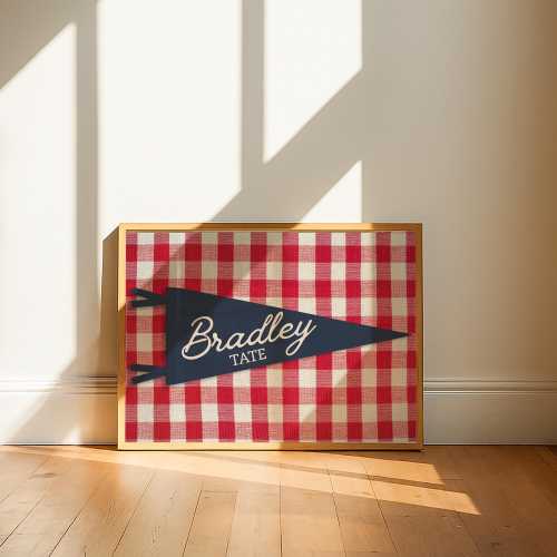 Custom Pennant Name Sign, Personalized Gingham Nursery Wall Art, Retro Americana Baby Room Decor, Kids Name Print, Playroom Digital Download