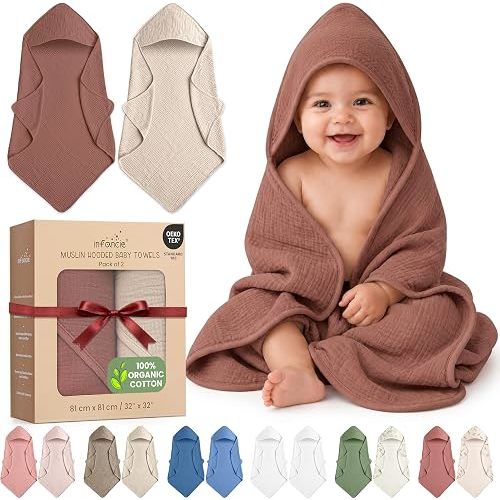 100% Organic Cotton 2 PK Muslin Baby Hooded Towels Newborn 81x81cm