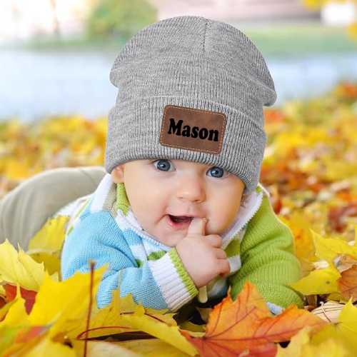 Personalized Baby Beanie with Ears – Custom Engraved Leather Patch - Custom Baby Kids Child Baby Newborn Beanie