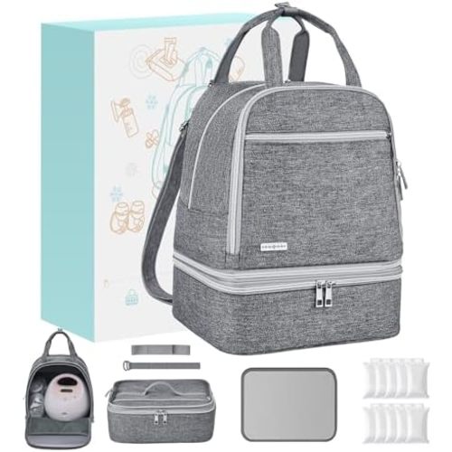 Breast Pump Bag with Insulated Cooler, Double-Layer Pumping Bag for Work & Travel, Fits Most Electric Breast Pumps, Includes 10 Ice Packs & Waterproof Mat, Detachable Bottle Cooler Tote, Grey