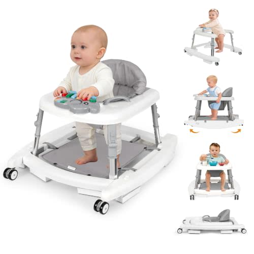 5-in-1 Baby Walker for Boys and Girls Music and Lights 6-18 Month, Foldable Baby Walkers with 5 Adjustable Heights, Infant Toddler Walker with Wheels and Combo Portable (White)