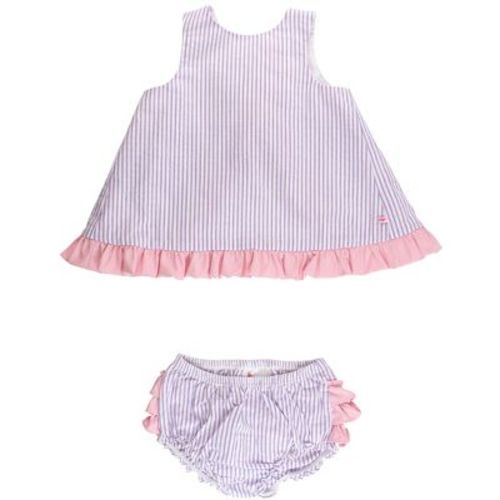 RuffleButts Baby/Toddler Woven Ruffle Swing Top and Bloomer Set - Wisteria Purple Signature Seersucker, 12-18m