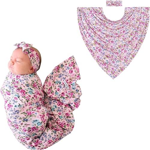 Posh Peanut Soft Baby Swaddle & Headband Set – Viscose from Bamboo Newborn Wrap Receiving Blanket, Nursing or Stroller Cover (Pixie)