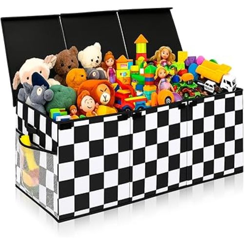 Youyole Extra Large Monster Checkered Storage Box Chest Truck Collapsible Storage Organizer with Lids 40 x16 x16 Rectangular Checkered Basket Bin for Living Room Bedroom Office Closet Shelf