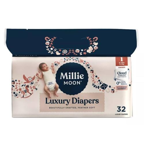 Millie Moon Luxury Diapers, Size 1, 32 Count, 6-11 lbs, White