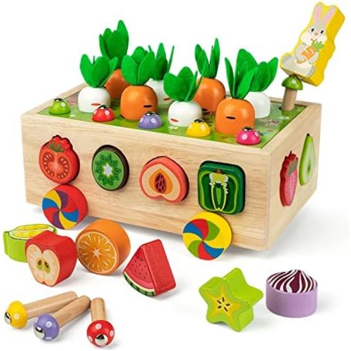Coogam Montessori Fine Motor Toys, Wooden Shape Sorter Carrot Harvest Game for Easter Basket Stuffer, Preschool Learning Educational Gift Toy for 3 4 5 Year Old