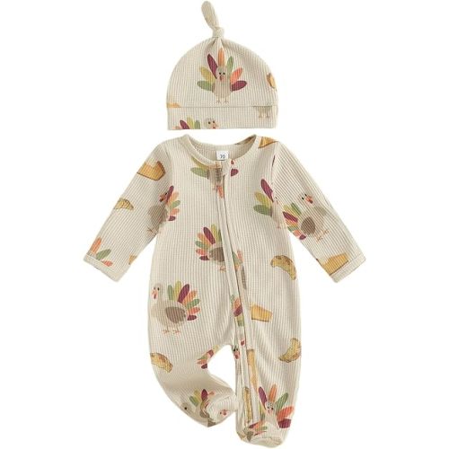 Baby Boy Girl Thanksgiving Day Turkey Footed Onesie with Hat/Bow | Unisex Baby Newborn Infant Thanksgiving Outfit Turkey Footed Onesie Waffle Knit Long Sleeve Romper Bodysuit