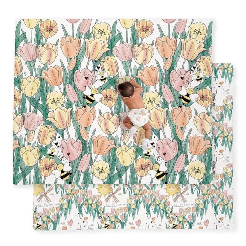 JumpOff Jo Baby Play Mat - Large Folding Foam Play Mat for Infants, Babies, Toddlers, Waterproof, Double-Sided (70" x 59") - Tulip Fields