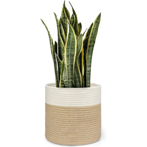 Dahey Jute Spliced Cotton Rope Plant Basket Modern Woven Storage Basket for 10.5" Floor Indoor Planter, Decorative Flower Pots Cover Laundry Bin with Handle Rustic Home Decor, White and Beige