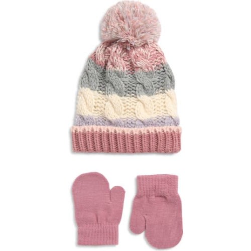 Kids' Stripe Cable Knit Pompom Beanie & Gloves Set, 12-24 M