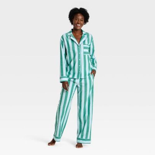 Women's Long Sleeve Cotton Poplin Notch Collar Top and Pants Pajama Set - Auden™ Blue/Green Striped M
