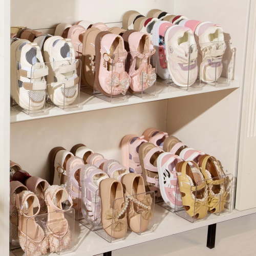 4PACK Clear Acrylic Kids Shoe Rack for Closet Organizers and Storage, Small Clear Shoe Rack 4 Sections Toddler Baby Shoe Storage Organizer Stackable Shoe Shelf,Desk File Sorter Book Purse Organizer