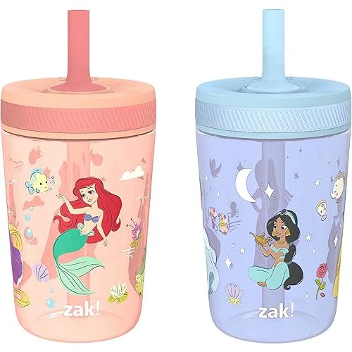 Zak Designs Disney Princess Kelso Toddler Cups For Travel or Home, 15oz 2-Pack Plastic Sippy Cups, Leak-Proof For Kids (Ariel, Aurora, Belle, Cinderella, Jasmine, Mulan, Rapunzel, Tiana)