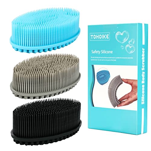 Silicone Body Scrubber Loofah - Set of 3 Soft Exfoliating Body Bath Shower Scrubber Loofah Brush for Sensitive Kids Women Men All Kinds of Skin(Black/Gray/Blue)