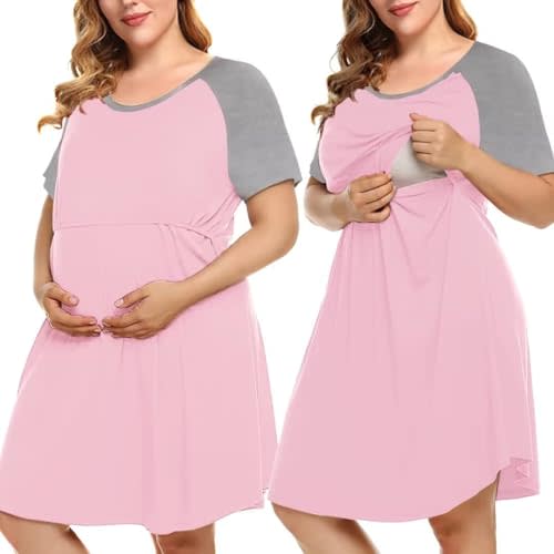 MONNURO Plus Size 3 in 1 Labor/Delivery/Hospital Maternity Nightgown Dress | Soft Fabric,Maternity Nursing Dress with Pockets & Elastic Waistline,1XL-5XL,for Pregnant&Postpartum,Daily Wear,Loungewear