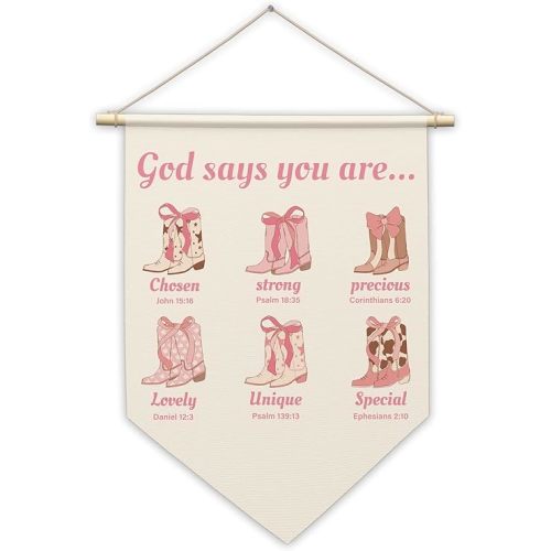 Christian Canvas Hanging Pennant Flag, God Says You Are - Hanging Banner Wall Sign Decor Gifts, Cowgirl Nursery Bedroom Decor, Birthday Christmas Wall Art Decoration Gifts For Baby Kids Girls, 25
