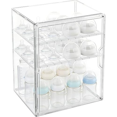 Baby Bottle Organizer, 3 Tiers Adjustable Clear Acrylic Storage Station Case Box Container for Bottles, Pacifiers, Pump Parts, Bottle Organizer Baby for Countertop and Cabinet (M)