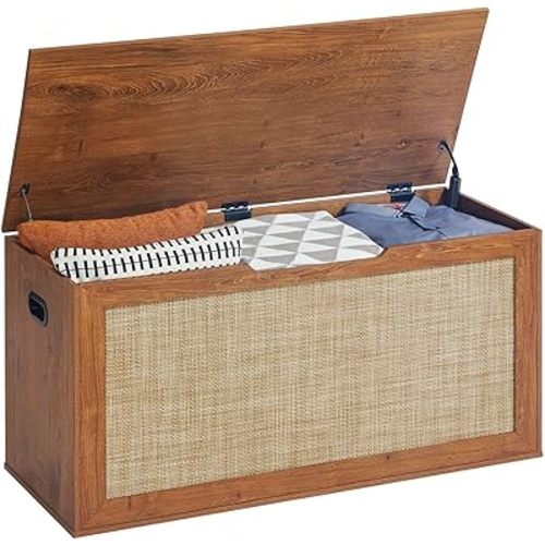 LEYAOYAO Storage Chest, 40" Rattan Toy Box, Wood Storage Bench with 2 Safety Hinges, Boho Toy Chest with Flip-Top, Sturdy Storage Trunk Easy Assembly, for Living Room, Bedroom, Entryway Brown