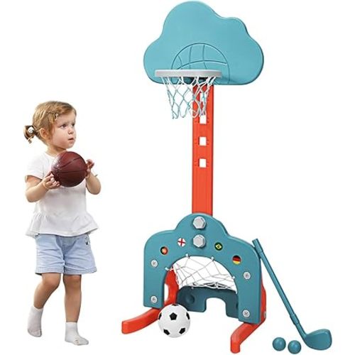 Costzon Kids Basketball Hoop, Toddler Sports Activity Center w/ 5 Adjustable Height Levels, Basketball Soccer Golf Game Set, Indoor Outdoor Basketball Hoop Set Best Gift for Baby Infant Green Clouds