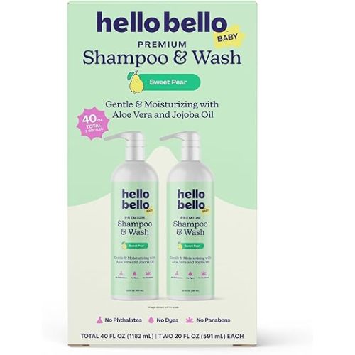 Hello Bello Sweet Pear Shampoo & Body Wash, Hypoallergenic, Dermatologist & Pediatrician Tested Formula for Babies & Kids, 20 FL Oz (Pack of 2)