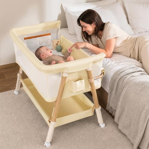 3-in-1 Baby Bassinet Bedside Sleeper Baby Crib for Newborn to 12 Months | Reinforced Wheeled Legs, Extra Large Sleeping Area, Anti-Reflux, 5 Adjustable Heights,Breathable Mesh & Washable Mattress