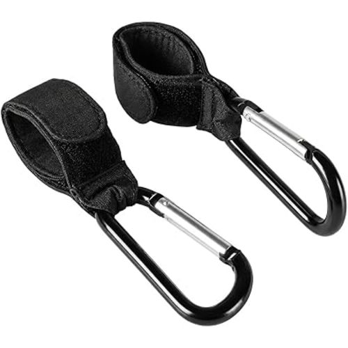 2 Pack Stroller Hooks, with Carabiner Clips for Hanging Bags, Black Universal Organizer Clips with Adjustable Non-Slip Straps for Strollers, Wheelchairs, Walkers and Carts