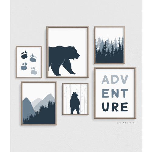 Adventure Nursery Wall Art Prints, Digital Nursery Prints, Bear Posters, Navy blue Woodland, Mountains Forest, Wilderness Printables, Cozy