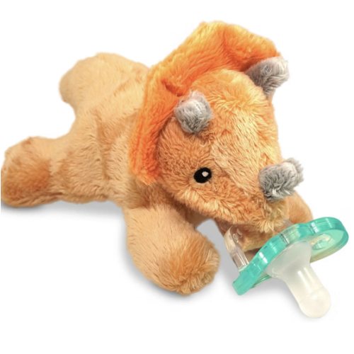 RaZbaby RaZbuddy Stuffed Animal Pacifier Holder for Newborns & Up, Made in the USA, Detachable Orthodontic JollyPop Pacifier, Medical-Grade 100% BPA-Free Silicone, Baby Shower, 0 Months+ (Triceratops)