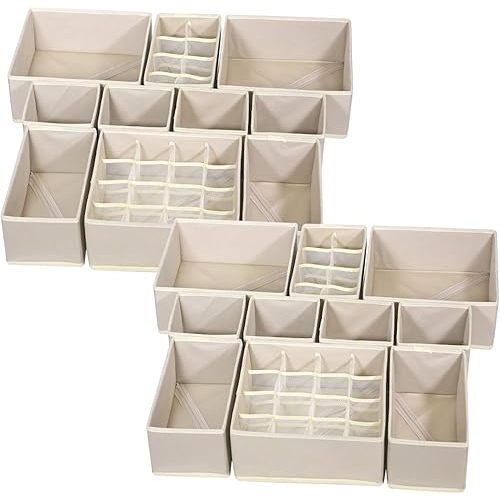 21 Pack Foldable Drawer Organizer Dividers Cloth Storage Box Closet Dresser Organizer Cube Fabric Containers Basket Bins for Underwear Bras Socks Panties Lingeries Nursery Baby Clothes Beige