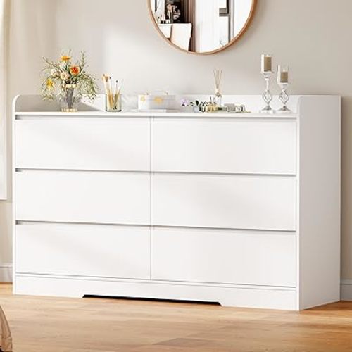 BEWISHOME White Dresser for Bedroom, 6 Drawer Dresser Chest of Drawers, Wood Dressers for Closet, Wide Modern Dressers with Fence for Living Room, Hallway, Entryway, TV Stand, White KCG04W