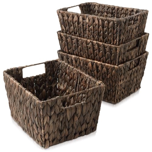 Casafield Set of 4 Water Hyacinth Storage Baskets with Handles - Espresso, Woven Rectangular Storage Bins for Shelves, Blankets, Laundry Organization