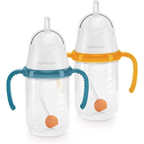 numnum Weighted Straw Training Cup | Infants + Toddlers 6 months+ | BPA Free No-Spill Removable Handles | Babies Drinking and Self Feeding Development | 7 ounce (Blue/Orange)