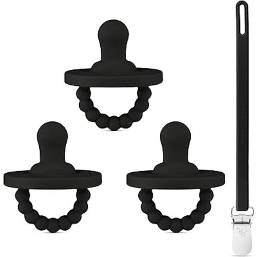 Ryan & Rose Cutie PAT Pacifier Teether 3 Pack and Flex Clip (Flat, Black)