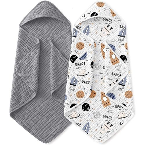 Yoofoss Hooded Baby Towels for Newborn 2 Pack 100% Muslin Organic Cotton Baby Bath Towel with Hood for Babies, Infant, Toddler and Kids, 32x32Inch, Soft and Absorbent Newborn Essential, Grey Planet