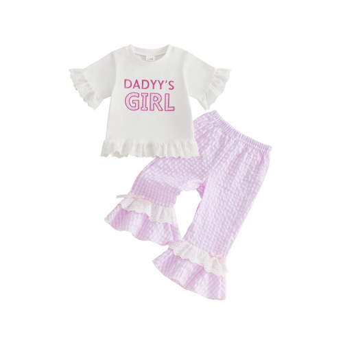 Loicainy Toddler Baby Girls Summer Clothes Set 6 12 18 24 Months 2T 3T 4T Short Sleeve Letters Print Tops with Bell Bottom 2Pcs Outfits