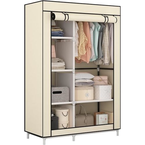 Calmootey Portable Closet Organizers, Clothing Storage, Wardrobe with 6 Shelves and Hanging Rod, Non-Woven Fabric Cover with 4 Side Pockets, Beige