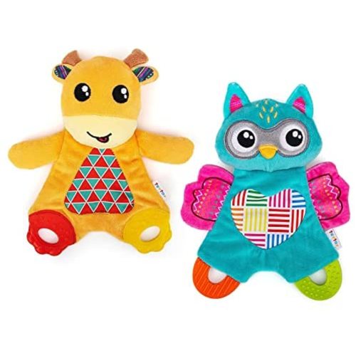 teytoy 2 Pcs Crinkle Toys for Baby with Teether, Baby Teething Sensory Toys Newborn Bib Saliva Soother Towel, Soft Snuggle Sleeping Security Blanket for Unisex Babies 0-36 Months Gifts(Owl and Deer)