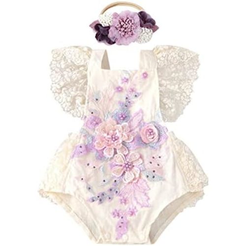 ODASDO Baby Girl Lace Romper Delicate Embroidery Backless Bodysuit with Flower Headband 2pcs Cake Smash Outfit…