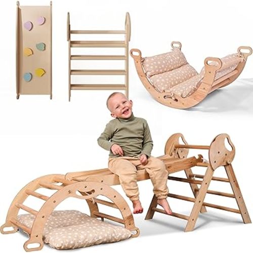 Goodevas 5-in-1 Toddler Climbing Toys Indoor Set - Pikler Triangle, Climbing Arch, Balance Cushion, Montessori Climbing Gym for Toddlers 1-3, Foldable Wooden Baby Activity Center, Jungle Gym for Kids