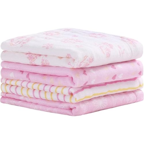 Viviland Baby Muslin Burp Cloths, Super Absorbent Washcloths for Baby Girl and Boy, 10 x 20 inches 6-Layer Baby Bath Towels, Pink Flowers & Hearts 4 Pack