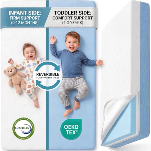 Baby Crib Mattress, Dual Sided Memory Foam 52x27.6x5 Inch, Blue | 4 in 1 Standard Crib Mattress 5 Inch Thick, Memory Foam Toddler Mattress, Breathable Full Size Baby Bed Mattress for Crib